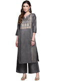 ZIYAA Art Silk Women's Black Color Crepe Straight Kurta and Palazzo Set Grey_M
