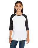 LAT Youth Jersey Crew Neck Raglan 3/4 Sleeve Baseball Tee, White/Black, XSmall