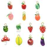 Ipotkitt 14 pcs 14 Styles Alloy Food Enamel Charms Fruit Vegetable Mushroom Eggplant Strawberry Watermelon Charms for DIY Jewelr