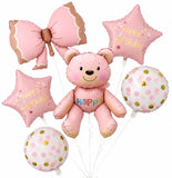 Johra (Pack 6) 36 inch Teddy Theme Birthday Balloon Bouquet Bow Pastel Pink Matte Finish Foi Balloons Candle Decoration Item Kit