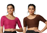 Toplot Cotton Blend Lycra Stretchable Readymade Blouses Pack Of 2 (Combo-5058-Cof-Rnp-36),Coffee-Rani Pink,36,B0CV59PDP2