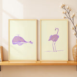 SoulAbiti Whale & Flamingo Contrasting Contour Poster Framed Wall Art Print Set of 2 12x18 inch Light Brown Frame PlexiGlass Ae