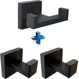 BOZWELL 1 Double Towel Hook and 2 Towel Hooks for Bathroom Matte Black Wall Mount 3 Pack Modern Square Style Coat Robe Hook Stainless Steel Heavy Duty Door Hanger 1502-B-3