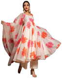 Anni Designer Women'S Chanderi Cotton Flowers Printed Anarkali Kurta And Pant With Dupatta Set (Anarkali-White_Xl_White_X-Large),White,XL