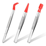 Honoson 3 Pieces Rubber Tipped Tweezers for Crafting Set - PVC Coated Flat, Straight & Bent Tips Stamps, Beads, Jewelry(Red)