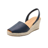 The Spanish Sandal Co Espadrilles Wedges For Women Dressy Soft Leather Peep Toe Womens Espadrille Sandals Comfortable Casual Summer Slip On - Navy Blue -Like New