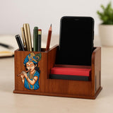 DivineCraftedArt Wooden Pen Stand with Mobile Holder (6.75 x 3.75 x 2.5 Inch) | Handcrafted MDF Desk Organizer with Krishna Desi