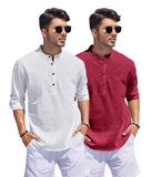 Bellstone Men'S Cotton Blend Solid Regular Dress Shirt (Kurta1500_Combo_White & Burgundy_M