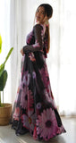 Shasmi Women'S Stylish Floral Printed Black Orgenza Anarkali Dress Gown, Kurta With Dupatta Set Anarkali Floral Printed Gown With Dupatta (Gown 130 Black-L)