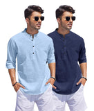 Bellstone Men'S Cotton Blend Solid Regular Fit Dress Shirt (Kurta1500_Combo_Sky & Navy_S