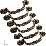 ESreake 6PCS Antique Bronze Drop Bail Pulls,Vintage Carved Cabinet Pulls Handles,5.0 Hole Centers Retro Drawer Knobs,Texture on