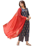 Anni Designer Women'S Cotton Blend Printed Straight Kurta With Pant & Dupatta (Samichi-Blue_S_Blue_Small),Blue,S,,,