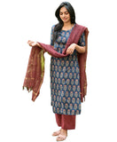 Anni Designer Women'S Cotton Blend Straight Printed Kurta With Pant & Dupatta (Kagni Blue_Xl_Blue_X-Large),Blue,XL