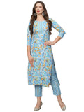 Gosriki Women'S Cotton Blend Floral Straight Kurta With Pant (Pahal-Gs_Blue_L),Blue,,B0CGD84ZPH