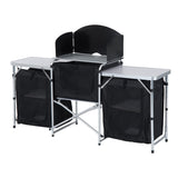Outsunny Camping Kitchen Table, Aluminum Portable Outdoor Cooking Table, Fold-Up Cook Station with Windscreen and 3 Enclosed Cup