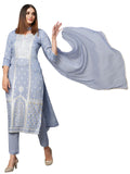 Gosriki Women'S Cotton Blend Straight Printed Kurta With Pant & Dupatta (Paridhan Grey-Gs_S_Grey_Small),Grey,,B0CGD4M61H