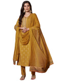 Anni Designer Women'S Rayon Blend Printed Straight Kurta With Pant & Dupatta (Toxic Mustard_S_Mustard_Small),Mustard,S,,,