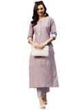 Anni Designer Women'S Cotton Blend Straight Printed Kurta With Palazzo (Lochna Grey_M_ Grey_Medium),Grey,M