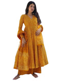 Anni Designer Women'S Rayon Viscose Anarkali Printed Kurta With Palazzo & Dupatta (Sinners Yellow_Xxl_Yellow_Xx-Large),Yellow,2XL