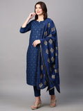 Anni Designer Women'S Cotton Blend Embroidered Straight Kurta With Pant & Dupatta (Mysuru-Dark Blue_M_Dark Blue_Medium),Dark Blue,M,Cotton Blend,Regular,Dupatta