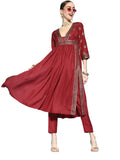 Ziyaa Women's Maroon Chinon Flared Kurta and Pant Set(ZIKUCH3664ANDPA-XXL)