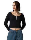 Fyltr Women'S Casual Scoop Neck Henley T-Shirt - Full Sleeves | Fitted Length,Every Ebony,Every Ebony,L