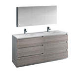 Fresca Lazzaro 72 Glossy Ash Gray Free Standing Double Sink Modern Bathroom Vanity W/Medicine Cabinet - Faucet Sold Separately