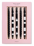 Kate Spade New York Black Ink Pen Set of 5, Cute Plastic Click Pens, Dots and Stripes