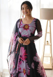 Shasmi Women'S Stylish Floral Printed Black Orgenza Anarkali Dress Gown, Kurta With Dupatta Set Anarkali Floral Printed Gown With Dupatta (Gown 130 Black-L)