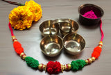 Om ShreeJee Decor Brass Puja Chowmukh Chokra Chopala Bowl Stand for Haldi, Kumkum, Rice, Elaichi, Mishri, Roli Pack of 1