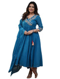 KESUDI Kurta Cotton Dupatta Set Anarkali Kurta Embroidered Kurti Ethnic Elegant Long Dress Cotton Trousers Kurti Dupatta Anarkali Festive Casual Clothing Design, blue, S