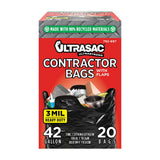 Ultrasac Contractor Bags 42 Gallon (20 PACK/w FLAP TIES), 32.75 x 44.53 MIL Thick Large Black Heavy Duty Industrial Garbage Tra