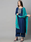Gosriki Women'S Cotton Blend Solid Straight Kurta With Palazzos & With Dupatta (Dakum Kerosin_Xl-Gs_Dark Blue_X-Large),Dark Blue,,B0BMVZF5W5