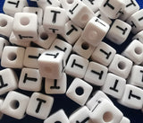 ChangJin 120PCS White Plastic Cube Alphabet Beads Black Letter 10x10mm W/4mm Hole for Jewelry Making (White Beads T 120PCS)