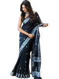 Shiv Textiles Womens Cotton Banarasi Silk Saree With Unstitched Blouse (Black)