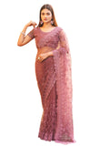 Womanista Womens Embroidered Net Saree with Faux Diamonds (TI3099_Mauve)