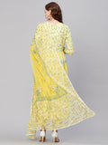 Anni Designer Women'S Rayon Anarkali Printed Kurta With Pant & Dupatta (Renu-Yellow_Xxl_Yellow_Xx-Large),Yellow,2XL,Rayon,Anarkali,