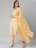 Gosriki Women'S Banarasi Woven Straight Embellished Printed Kurta With Pant & Dupatta (Kabzaa-Peach-Gs_S_Peach_Small),Peach,,B0BY32XMBS