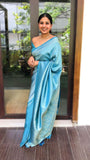 Flosive Womens Kanjivaram Silk Saree With Handloom Weaving Work With Blouse (Sky)
