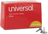 Universal Thumb Tacks, Steel, Silver, 0.31, 100/Box