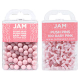 JAM PAPER Colorful Push Pins - Flat & Round Head Thumb Tack Combo Set - Baby Pink Pushpins - 200/Pack
