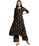 rangita Black Rayon Printed A-line Kurta with Palazzo | Kurta Set for Women_M