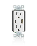 Leviton T5638W 18W USB TypeA/C InWall Charger with 15A Outlet, USB Charger for Smartphones, White