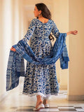 Pinkmint Women'S Rayon Anarkali Indigo Printed Kurta & Pant With Dupatta Set Blue L