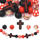Echoed Elegance 22Pcs Silicone Focal Beads, Cross and Round with Floral Patterns, Red and Black, for Keychain, DIY Crafting, Jew
