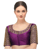 Pujia Mills Women's Embroidery Handwork Sequence Work Necklace Design Readymade Blouse (Violet, 32)