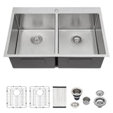 Logmey 33x22 Stainless Steel 50/50 Double Bowl Drop In Kitchen Sink - 16 Gauge Topmount, 33x22x9 Inches