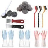 Kitchen Cleaning kit, 3 Pairs Reusable Waterproof Household Dishwashing Cleaning Gloves, 6 PCS Steel Wool Scrubbers with Handle,
