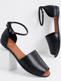 Shoetopia Ankle Buckled Peep-Toe Black Flat Sandals For Women & Girls /Uk8,Black,8,B0BV6W1SZZ