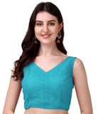 Pujia Mills Women's Georgette Sipali Sequin Work Sleeveless Blouse (Sky Blue, 38)